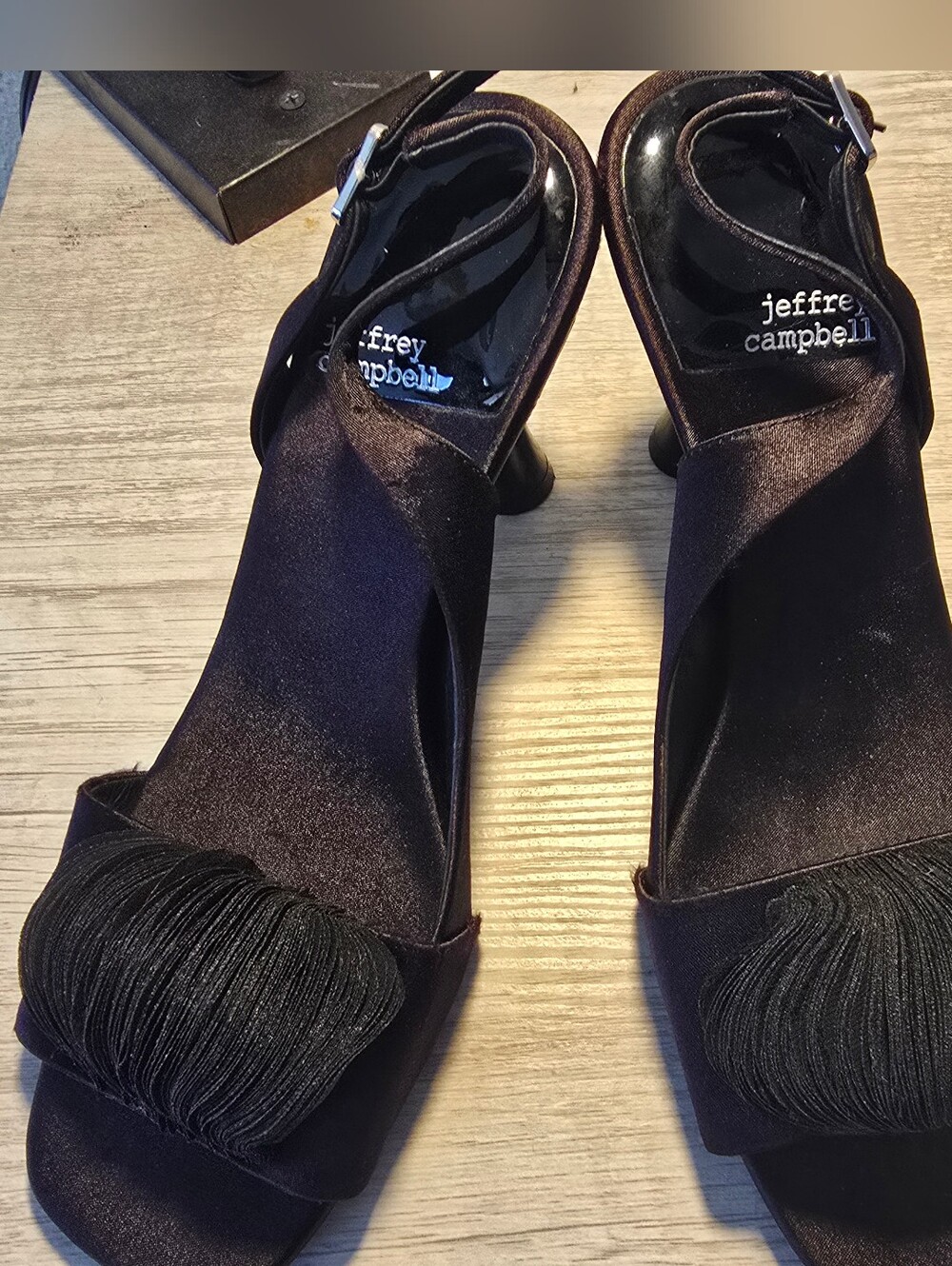Title: Jeffrey Campbell Black Satin Knot Heels Ankle Strap Sandals Size 8